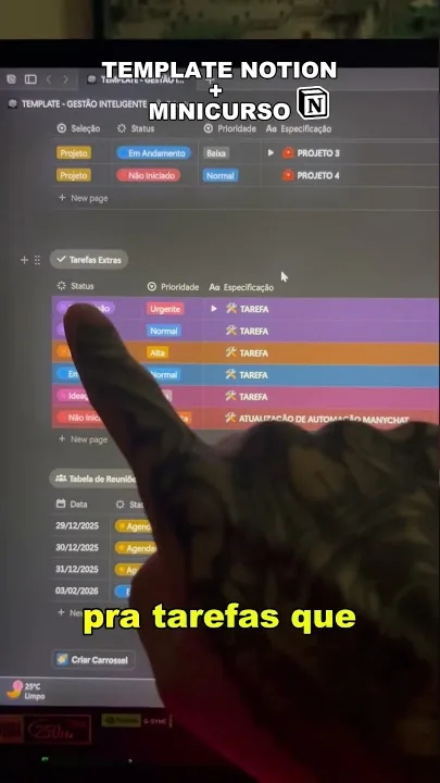 Prévia do vídeo: o template Gestão Inteligente aberto no Notion