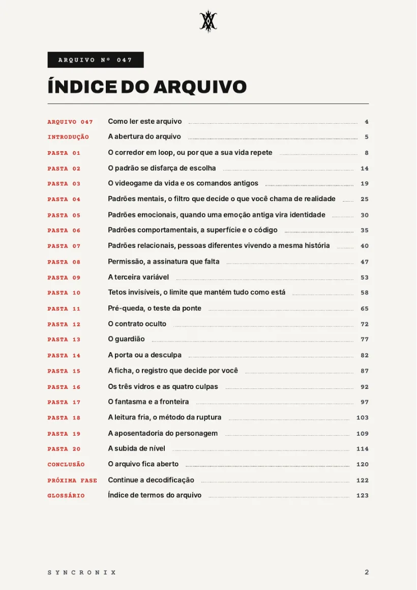 Página real do livro: índice do arquivo
