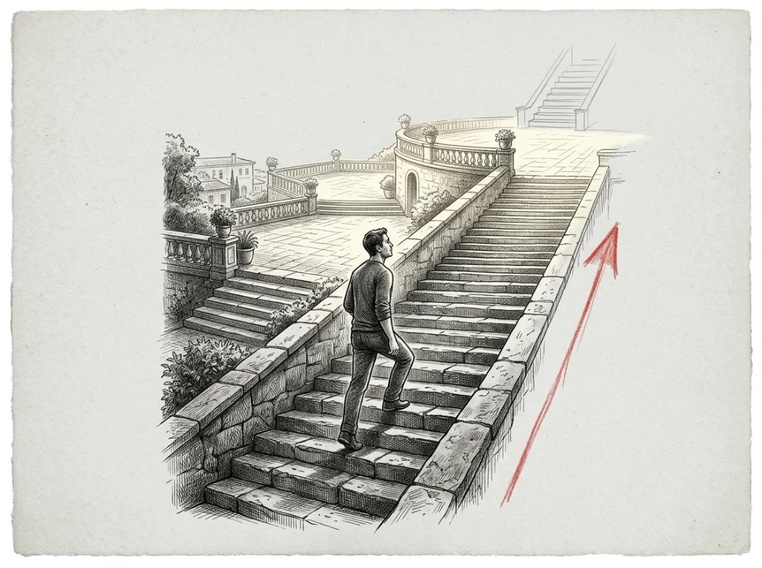 Gravura: um homem sobe uma escadaria de pedra, cada patamar mais claro que o anterior